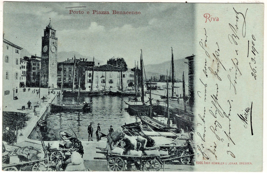 Cartolina antica Trento Riva Garda porto e piazza Benacense