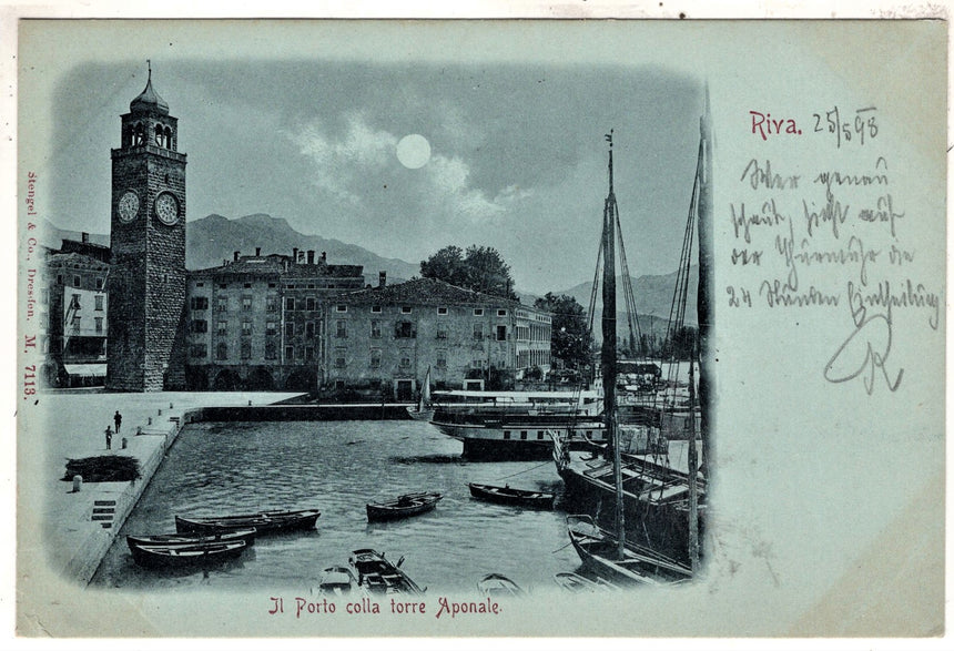 Cartolina antica Trento Riva Garda il porto e torre Aponale