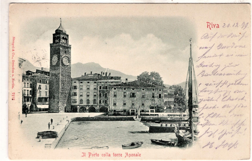 Cartolina antica Trento Riva Garda il porto e torre Aponale in rilievo