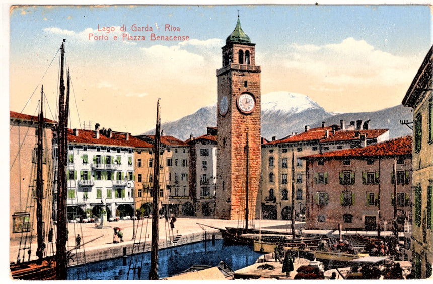 Cartolina antica Trento Riva Garda porto e piazza Benacense