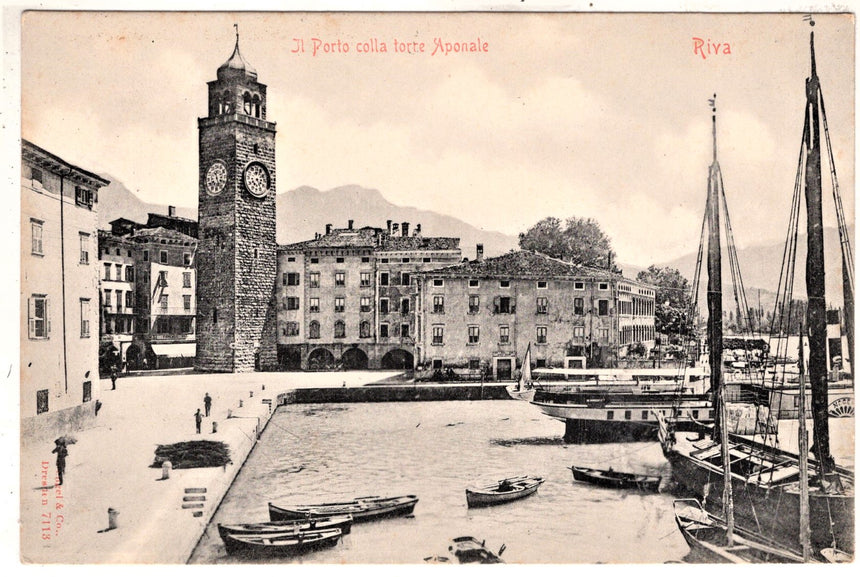 Cartolina antica Trento Riva Garda il porto e torre Aponale