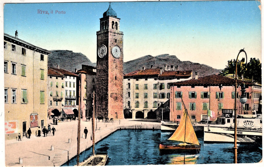 Cartolina antica Riva Garda Trento il porto e torre Aponale