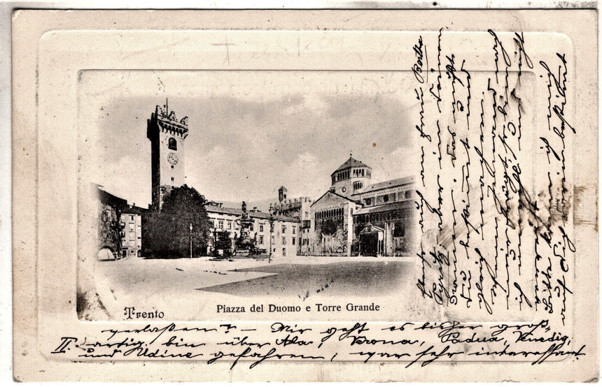 Cartolina antica Trento piazza Duomo e torre grande