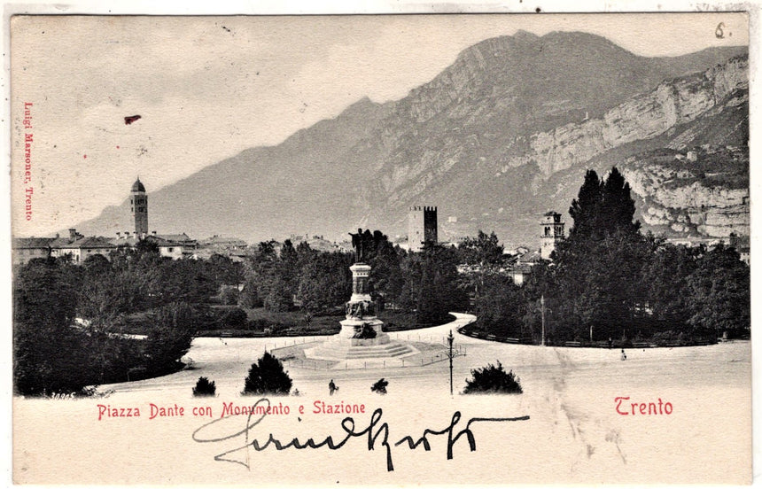 Cartolina antica Trento piazza Dante e stazione