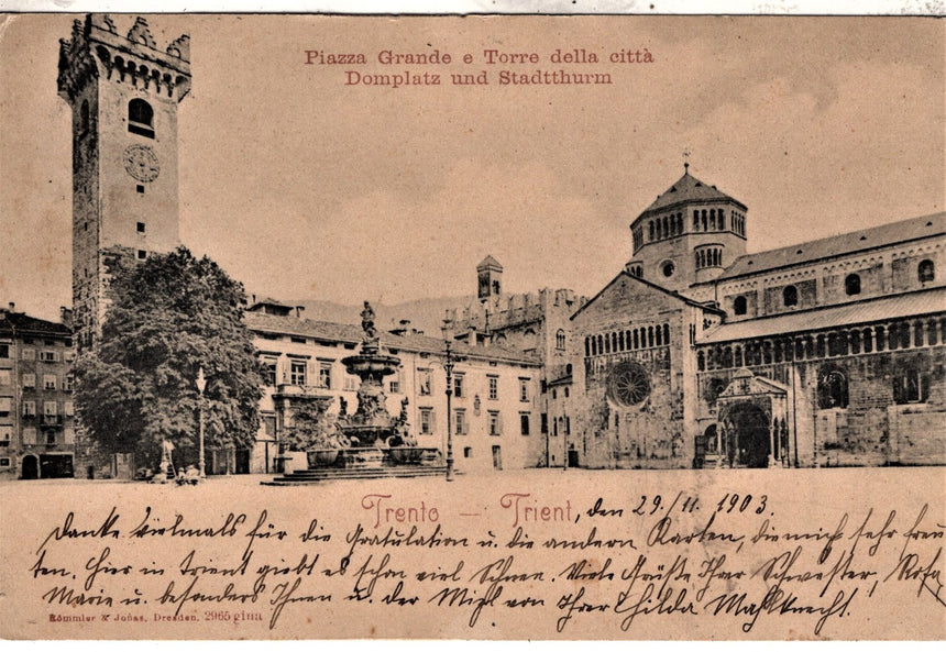 Cartolina antica Trento piazza Duomo e Torre Grande