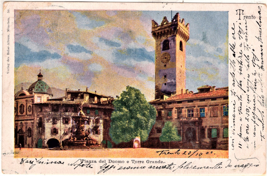 Cartolina antica Trento piazza Duomo e torre Grande X Pergine