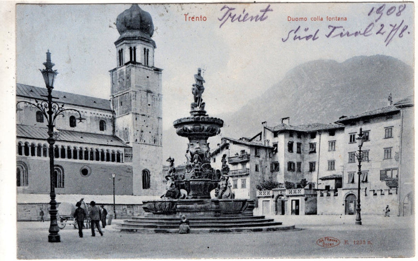 Cartolina antica Trento Duomo e Fontana