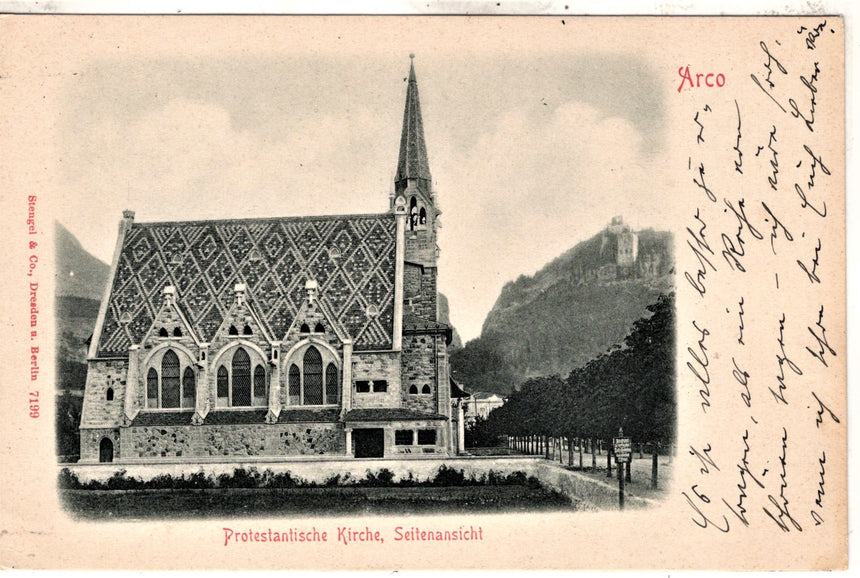 Cartolina antica Arco Trento Chiesa Protestanti scritta viagg. In busta