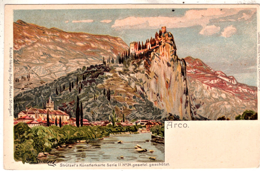 Cartolina antica Arco Trento panorama con castello