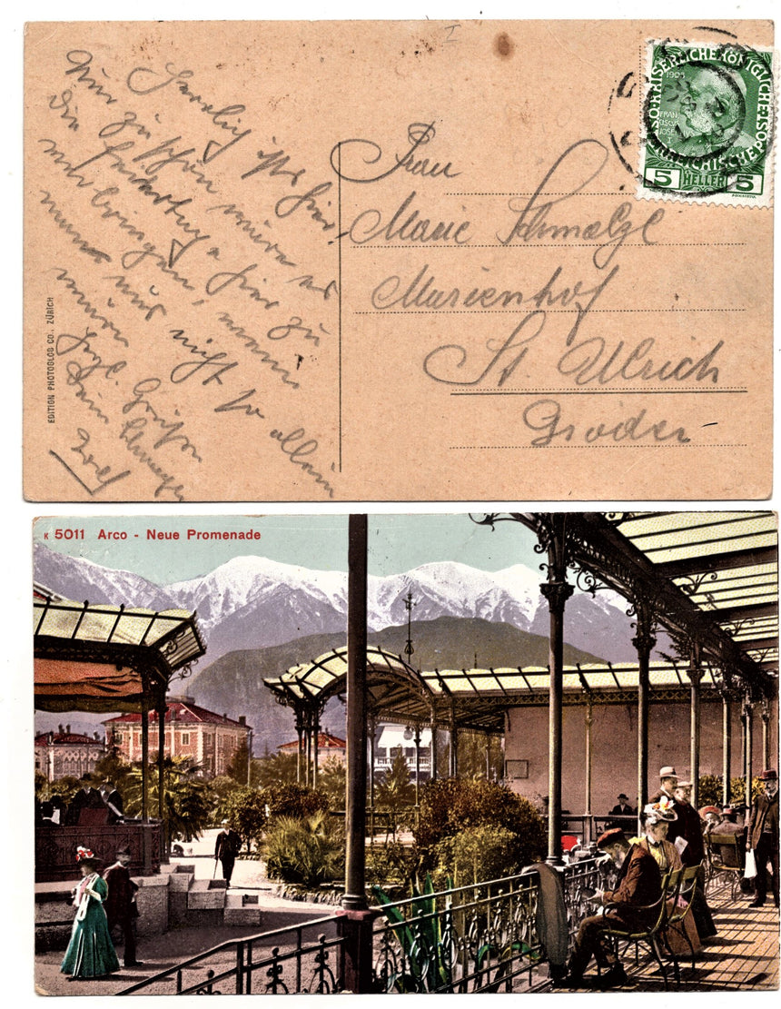 Cartolina antica Arco Trento neue promenade sped. St. Ulrich Groden