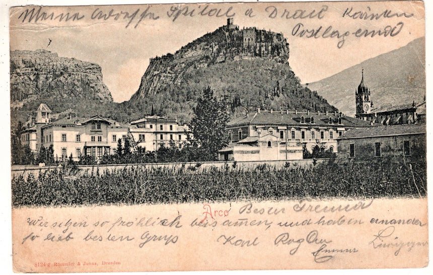 Cartolina antica Arco Trento panorama con castello sped. da Mori