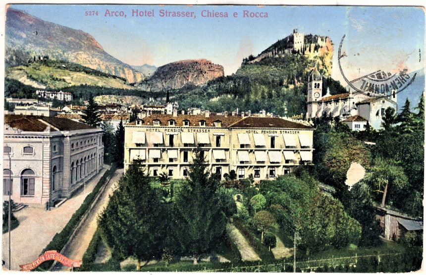 Cartolina antica Arco Trento Hotel Strasser sped. Lachen vonwil st gallen