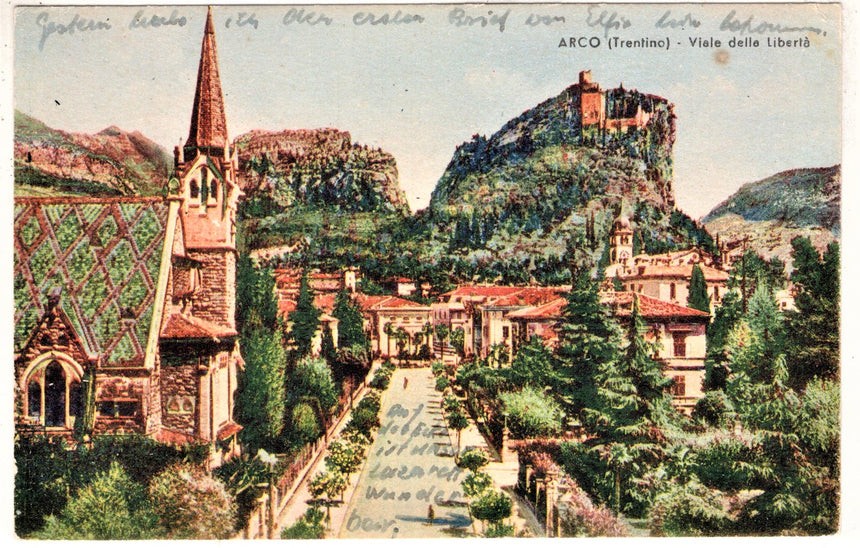 Cartolina antica Arco Trento viale della Libertà scritta viag. In busta 1944