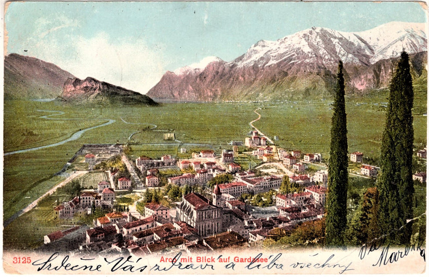 Cartolina antica Arco Trento Arco mit blick auf Gardasee