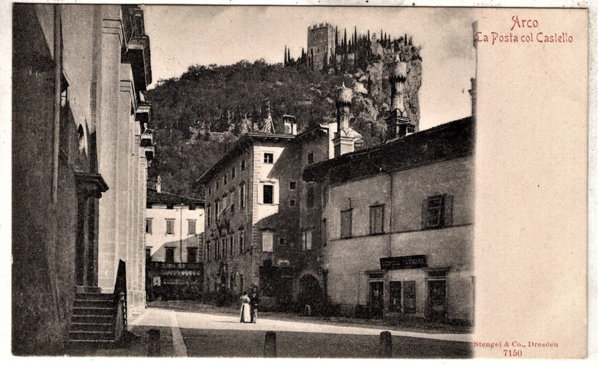Cartolina antica Arco Trento la Posta e castello