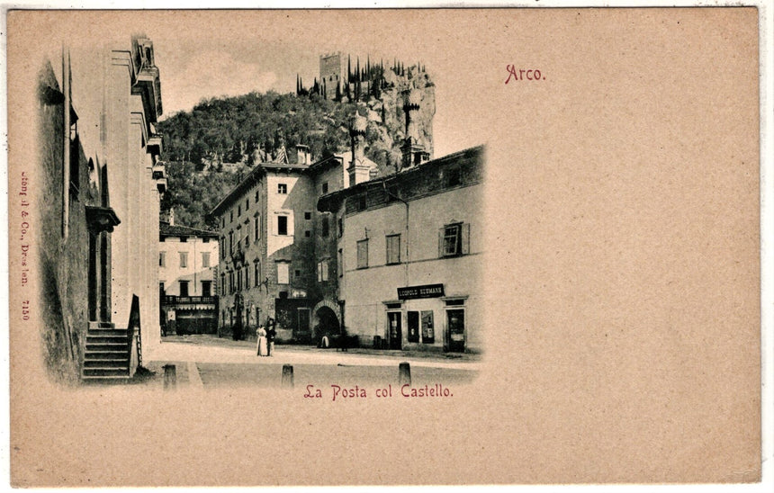 Cartolina antica Arco Trento piazza Grande la posta e negozio L. Neumann