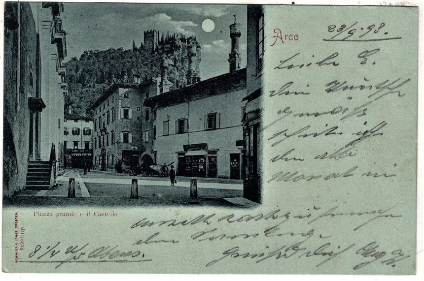 Cartolina antica Arco Trento piazza Grande la posta e negozio L. Neumann