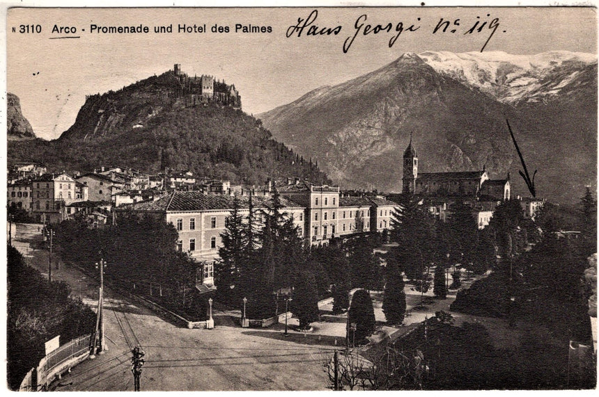 Cartolina antica Arco Trento promenade e Hotel des Palmes