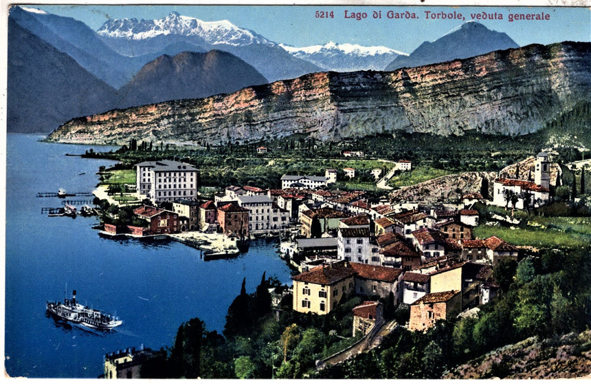 Cartolina antica Torbole sul Garda panorama timbro hotel Europa TN-VR