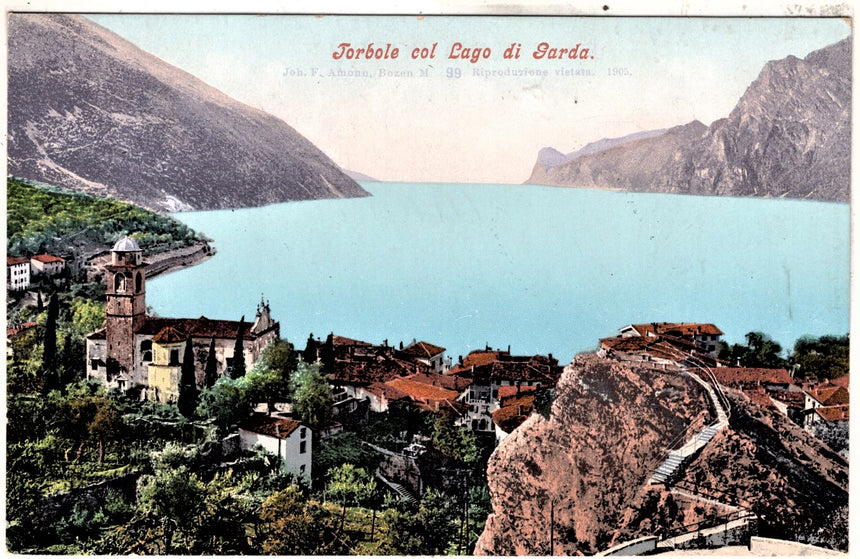 Cartolina antica Torbole sul Garda panorama timbro bollo