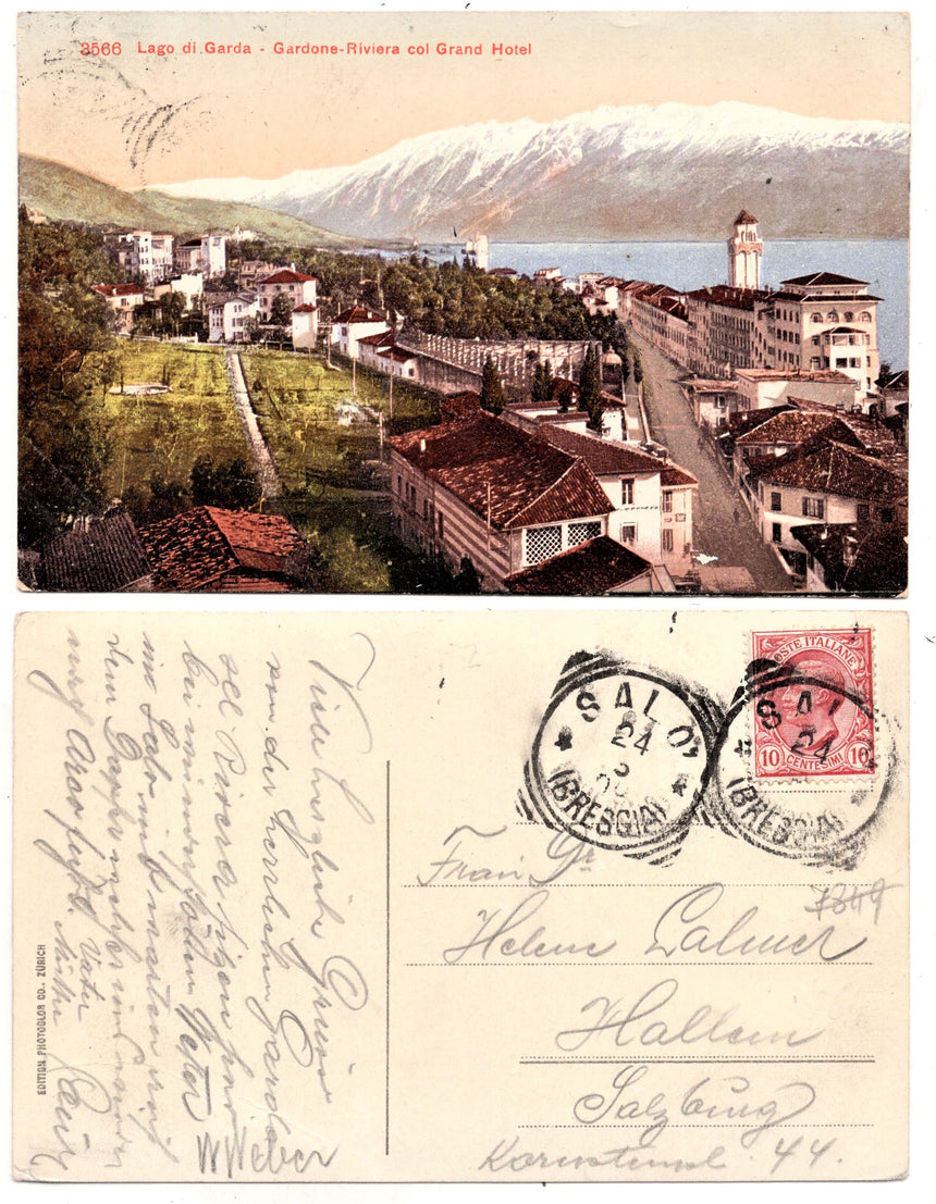 Cartolina antica Gardone sul Garda con Grand Hotel