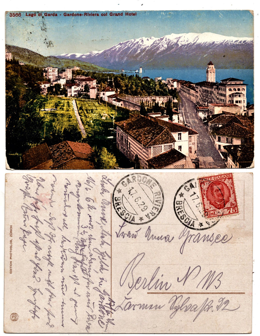 Cartolina antica Gardone sul Garda con Grand Hotel