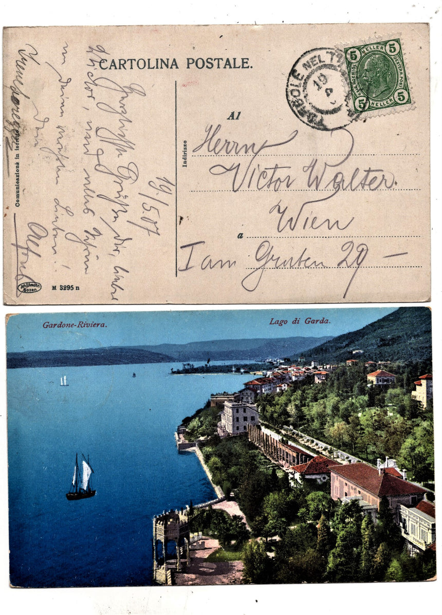 Cartolina antica Gardone sul Garda sped. Da Torbole nel Trentino bollo 5 heller
