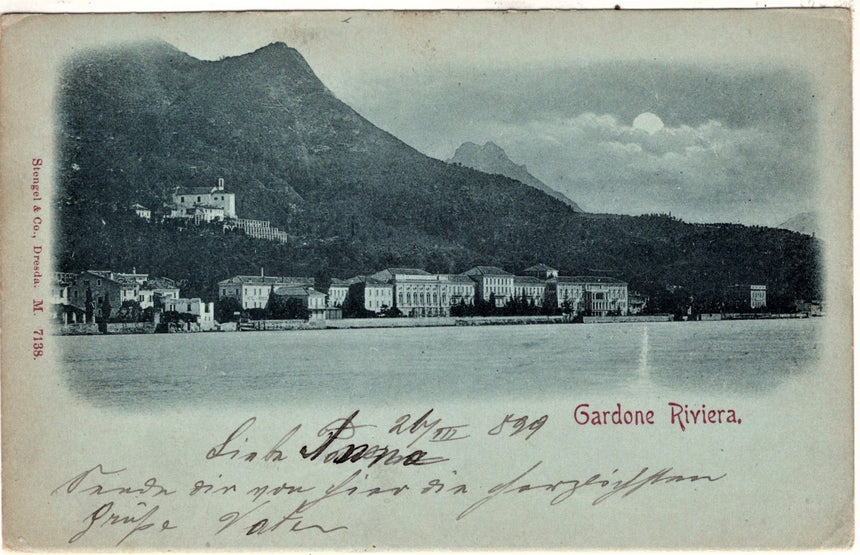 Cartolina antica Gardone sul Garda panorama nel 1899