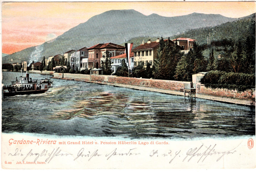 Cartolina antica Gardone sul Garda mit Grand Hotel u. Pension Hàberlin