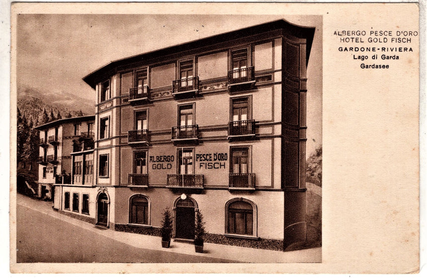 Cartolina antica Gardone sul Garda Albergo pesce d oro Prop. P.Scolari