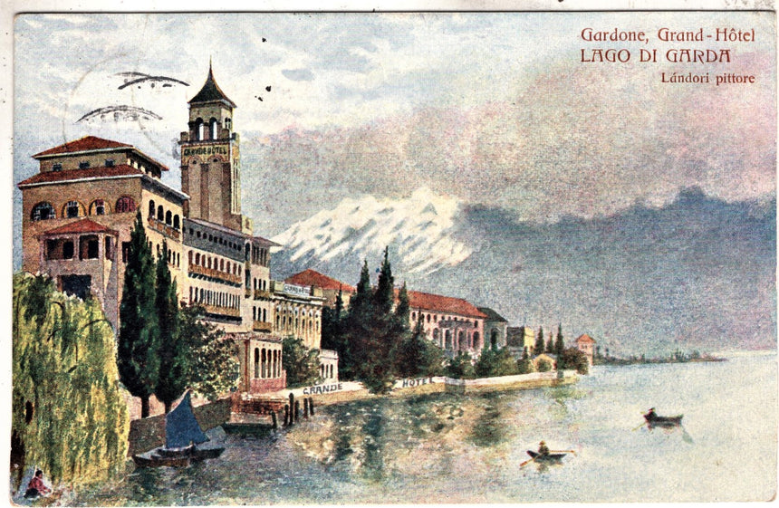 Cartolina antica Gardone sul Garda Grand Hotel Landori pitt.spedita da Berlino