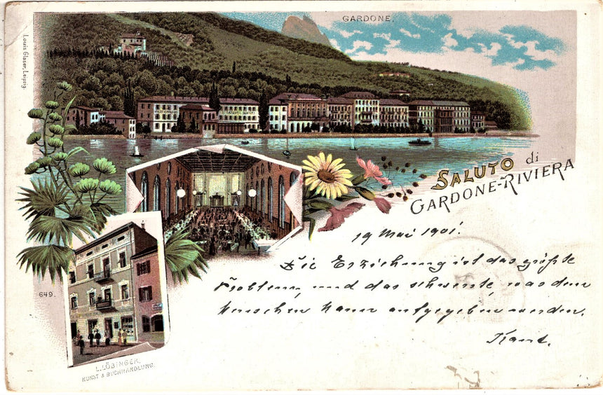 Cartolina antica Gardone sul Garda Saluto di Gardone Riviera