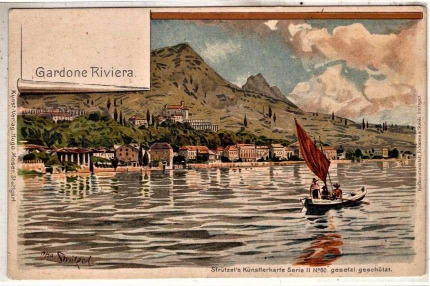 Cartolina antica Gardone sul Garda dis. Strutzel s