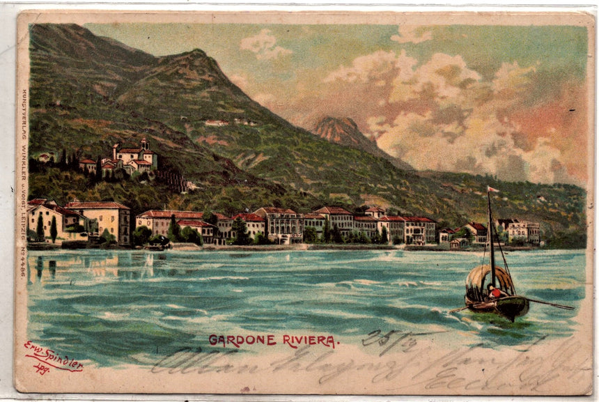 Cartolina antica Gardone sul Garda dis. Spindler