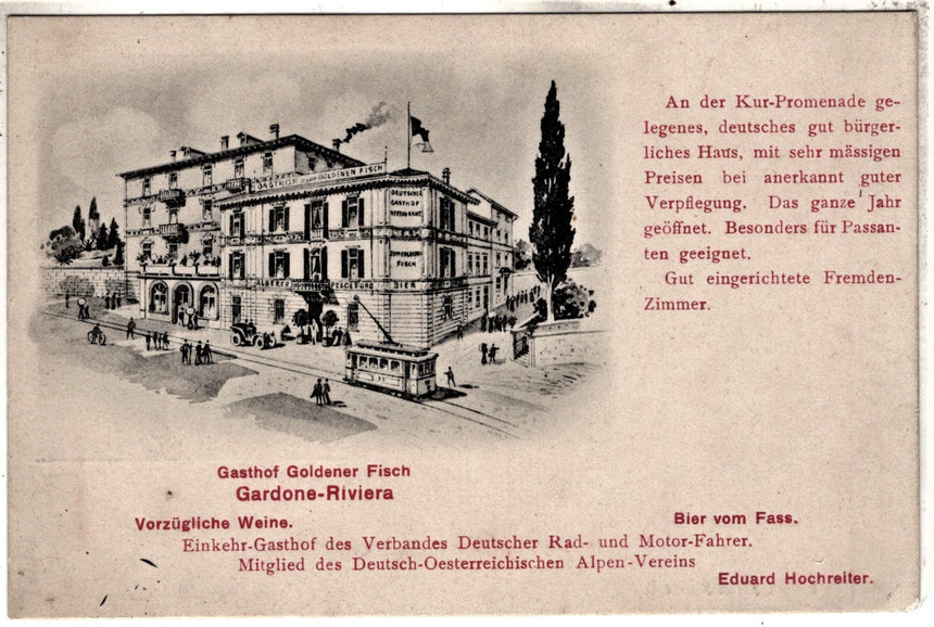 Cartolina antica Gardone sul Garda Gasthof Goldener Fisch