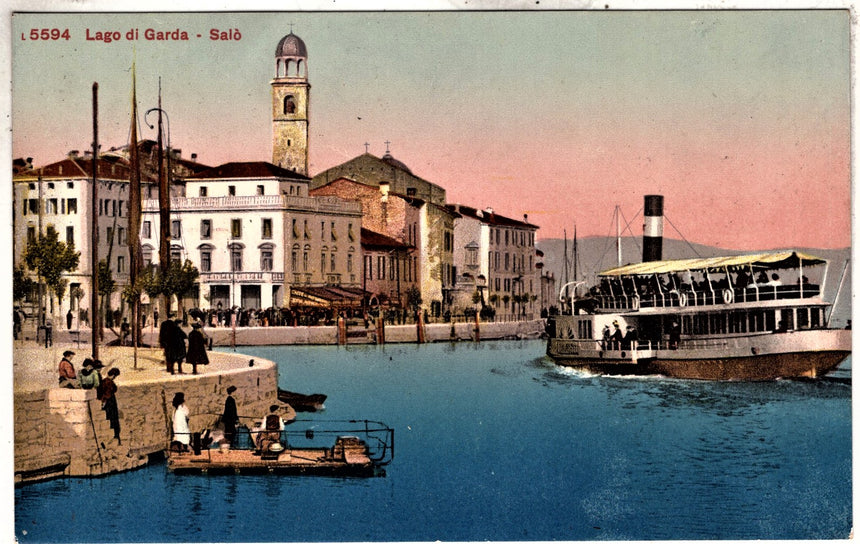 Cartolina antica Salò sul Garda arrivo del battello