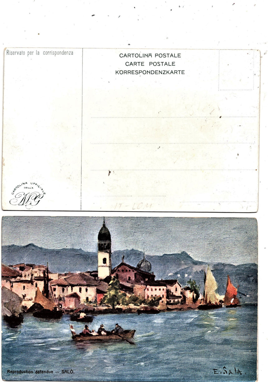 Cartolina antica Salò sul Garda disegno E. Sala