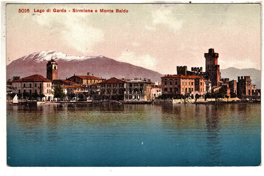 Cartolina antica Sirmione sul Garda e monte Baldo