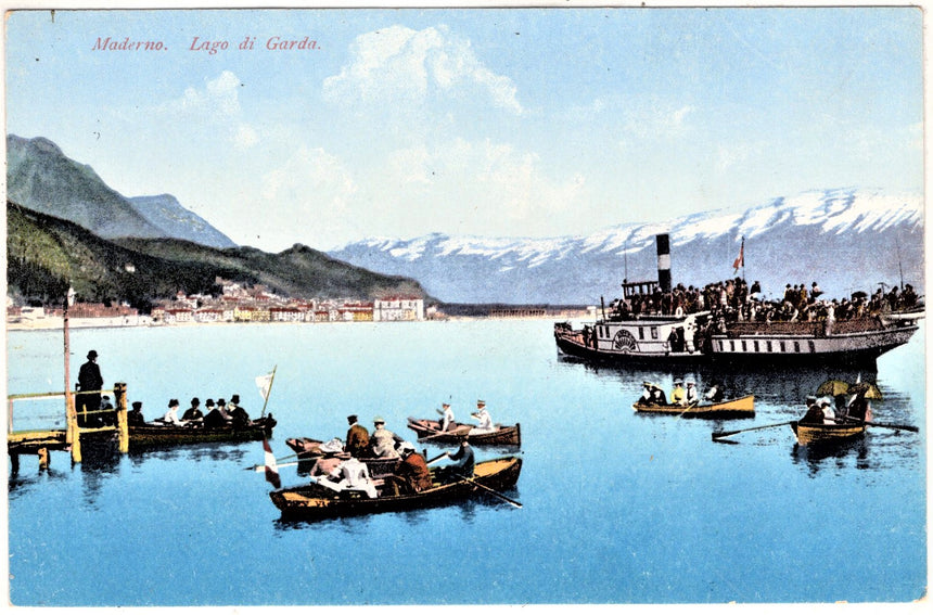 Cartolina antica Limone sul Garda panorama e piroscafo