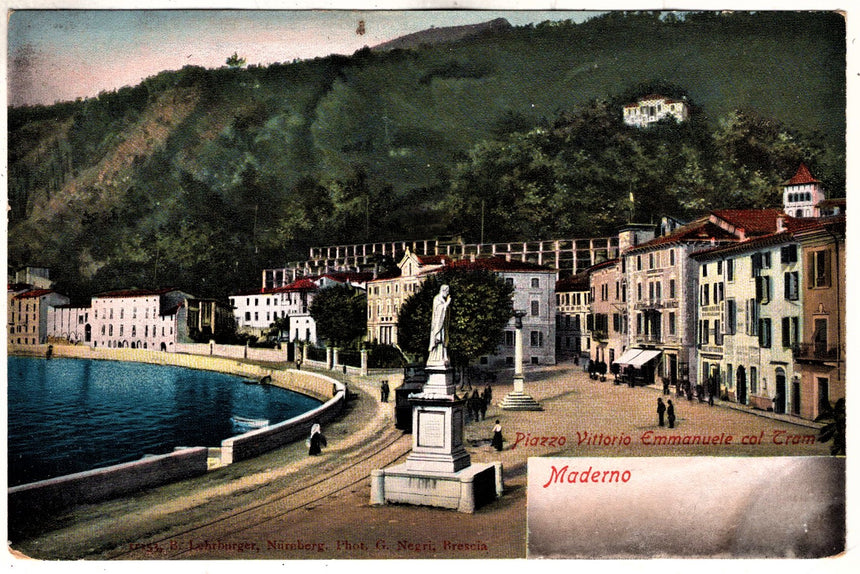 Cartolina antica Maderno sul Garda piazza V.Emanuele col tram