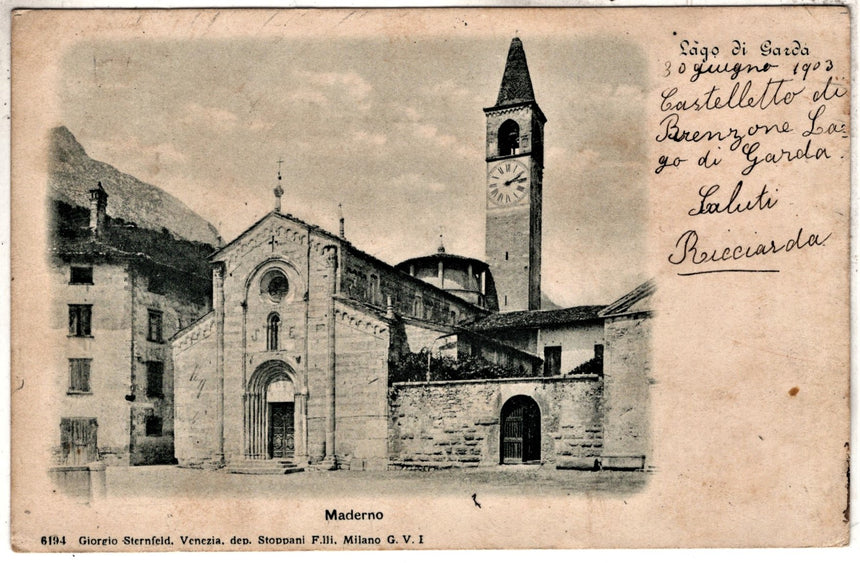 Cartolina antica Maderno sul Garda la chiesa sped. da Castelletto di Brenzone