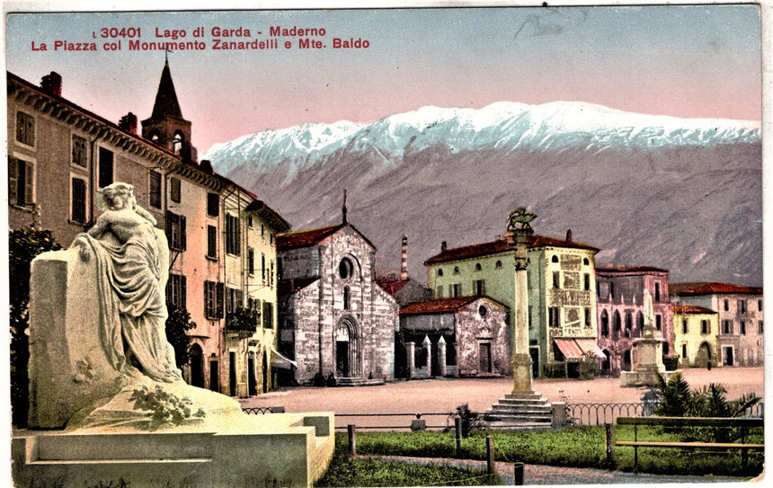Cartolina antica Maderno sul Garda piazza e monumento a Zanardelli