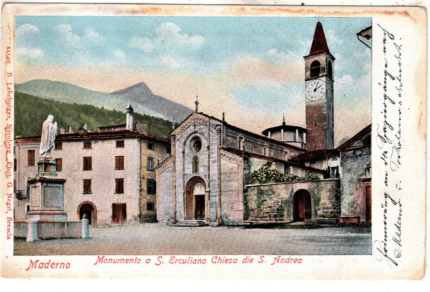 Cartolina antica Maderno sul Garda monum. A San Erculiano e chiesa S,Andrea
