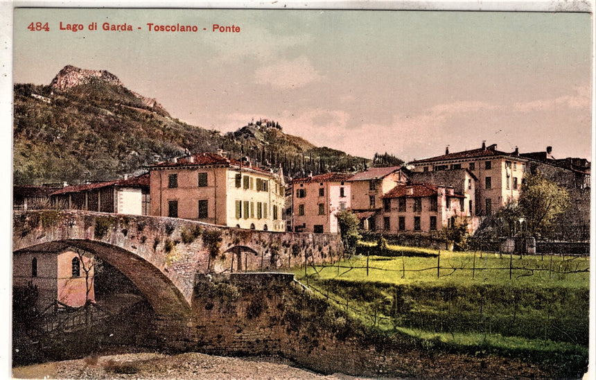 Cartolina antica Toscolano del Garda panorama e ponte