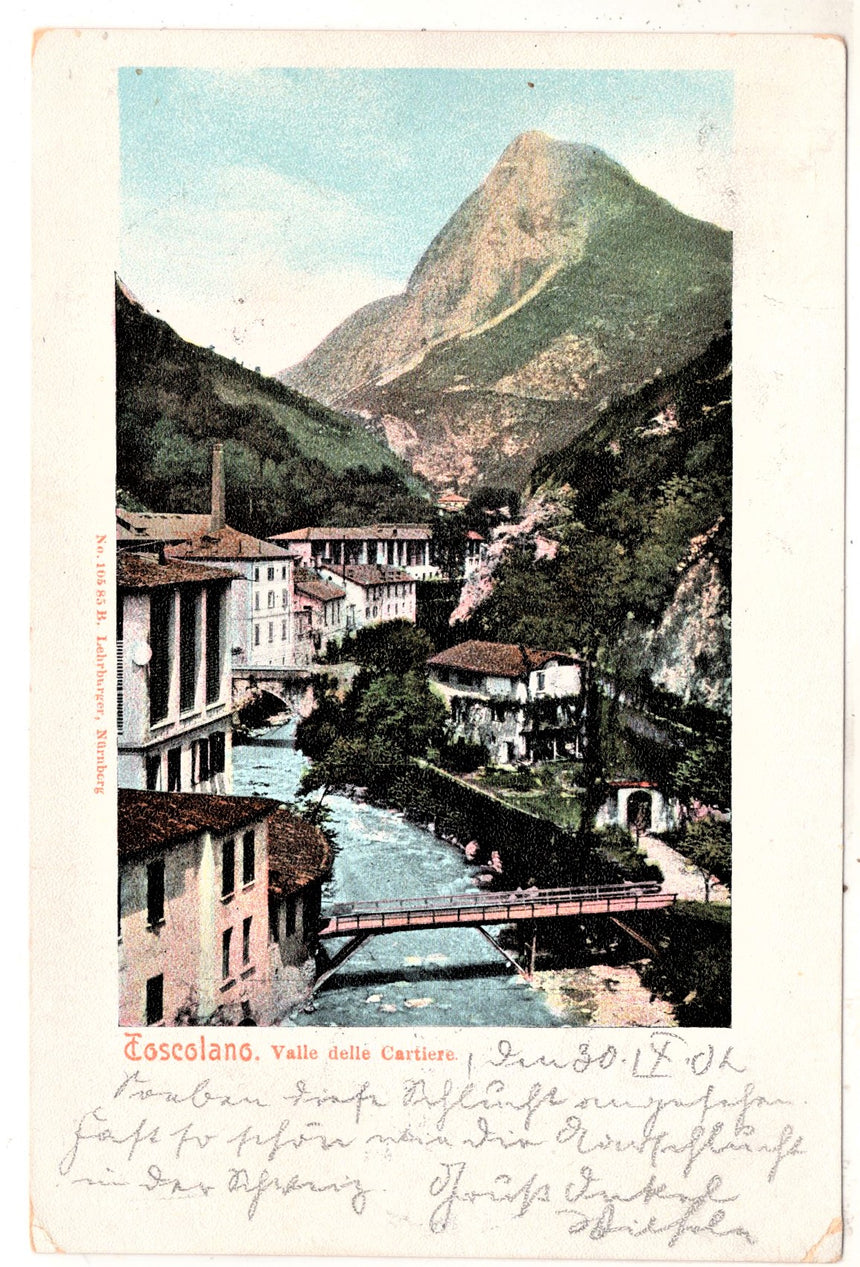 Cartolina antica Toscolano del Garda panorama e ponte valle delle cartiere