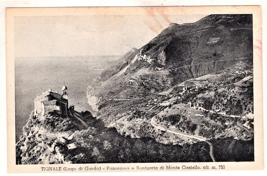 Cartolina antica Garda Tignale panorama e Santuario di monte Castello