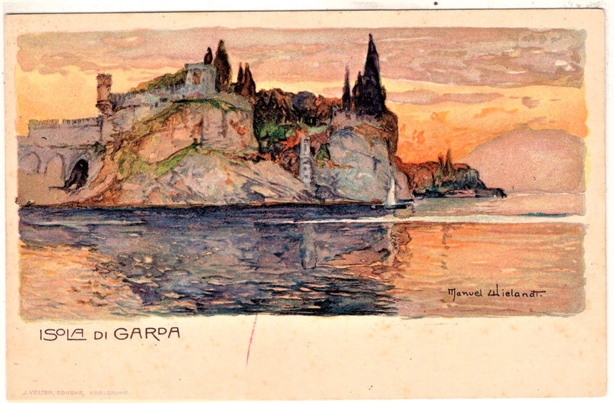 Cartolina antica Garda isola di Garda dis. Velten