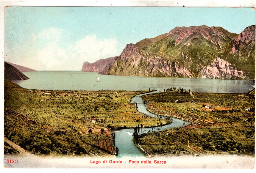 Cartolina antica Garda foce del Sarca nel lago di Garda