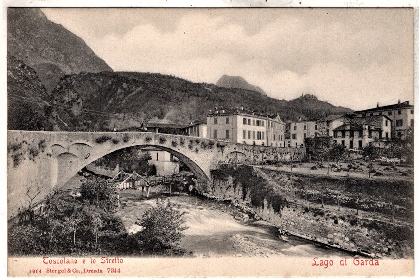 Cartolina antica Toscolano e lo stretto sul Garda Brescia