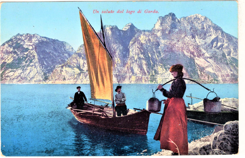 Cartolina antica Garda un saluto dal lago pescatori